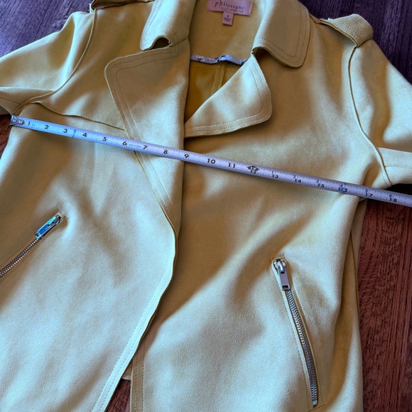 Philosophy Women’s Sz S Mustard Yellow Open Front Faux Leather Jacket Moto Style - Picture 10 of 10